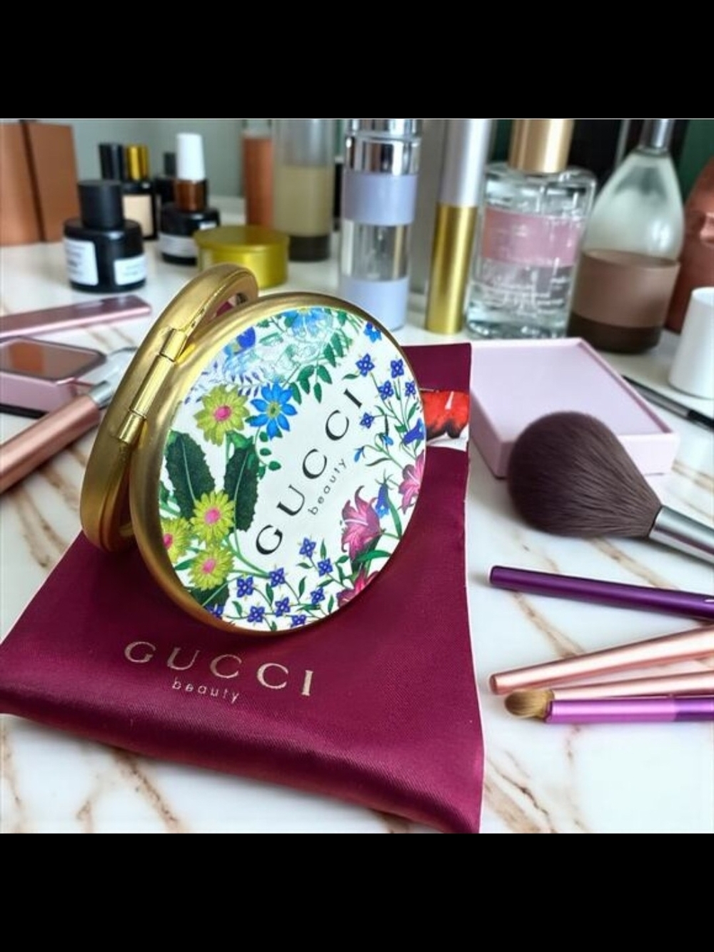 Gucci Beauty Floral Compact Mirror with Burgundy Satin Pouch